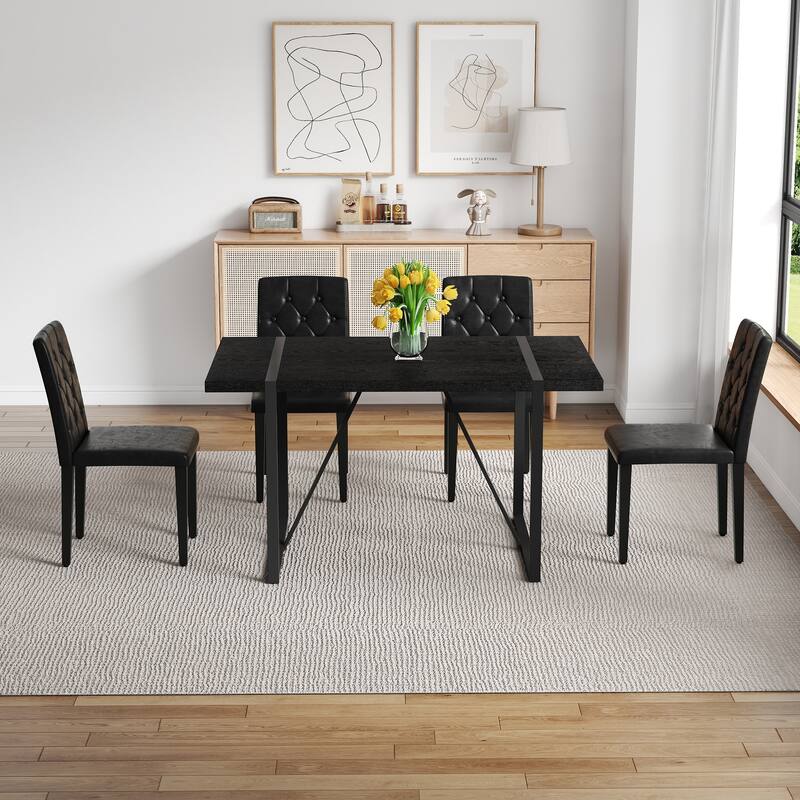 5-Piece Minimalist Retro Dining Table Set, Textured MDF Table & 4 Ergonomic PU Chairs, Fashion Design