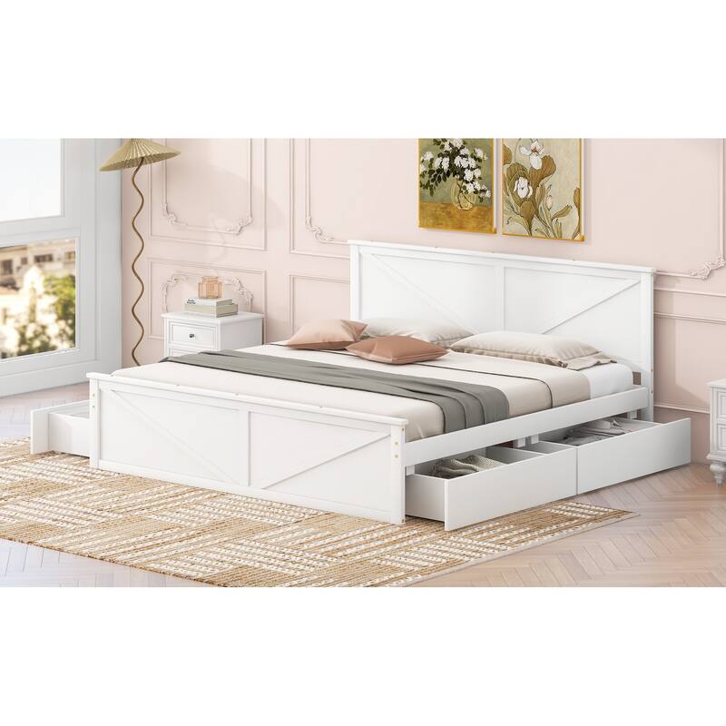 King Size Wooden Platform Bed Frame with Four Storage Drawers and Headboard, No Box Spring Required, Bedroom Furniture