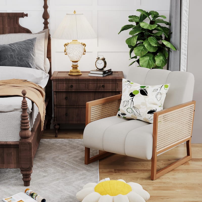 Rattan Accent Chairs, Upholstered Natural Rattan Chair Mid Century Modern Linen Armchair Side Chairs for Living Room Bedroom