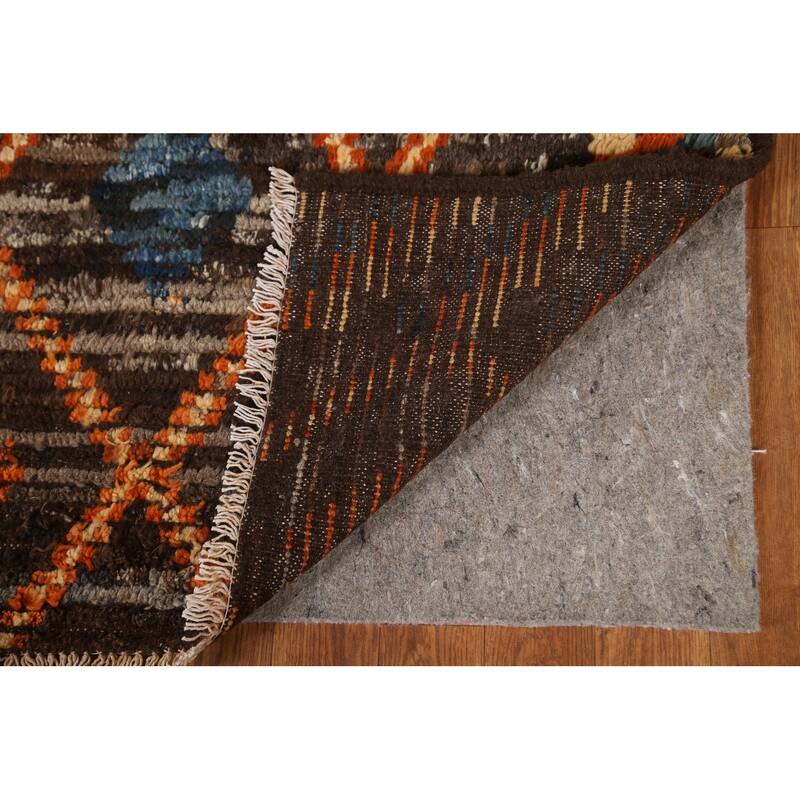 Hand Knotted Oriental 100% Wool Carpet Modern Tribal Brown Moroccan Area Rug - 9' 9'' X 6' 9''
