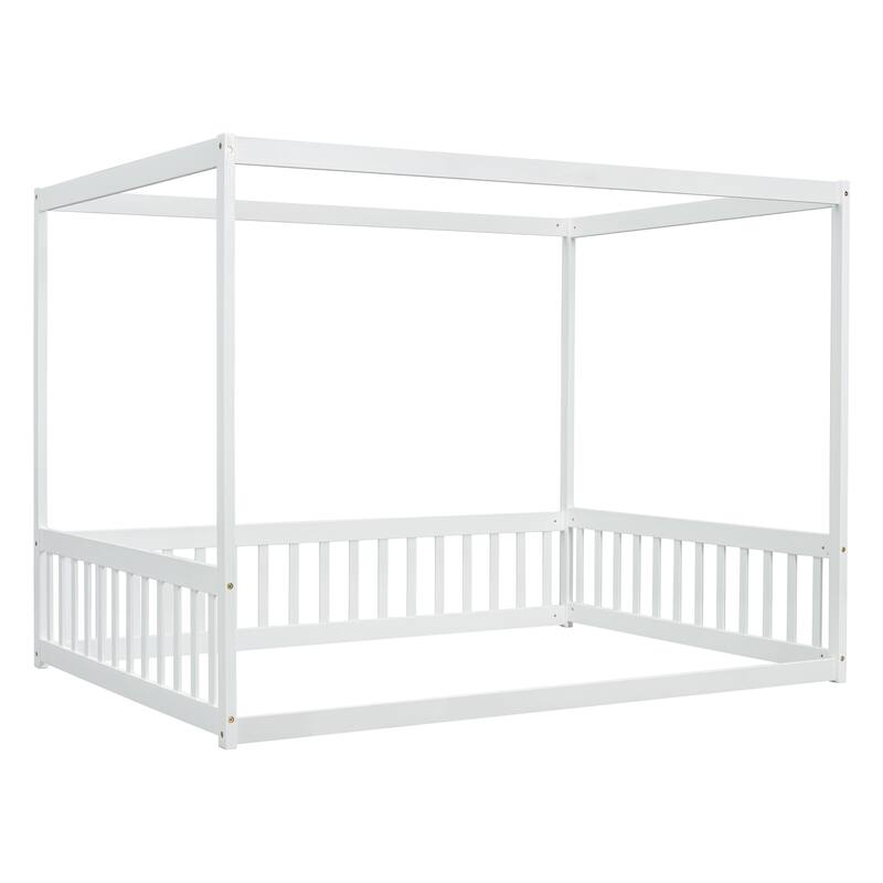 Canopy Frame Floor Bed with Fence, Guardrails