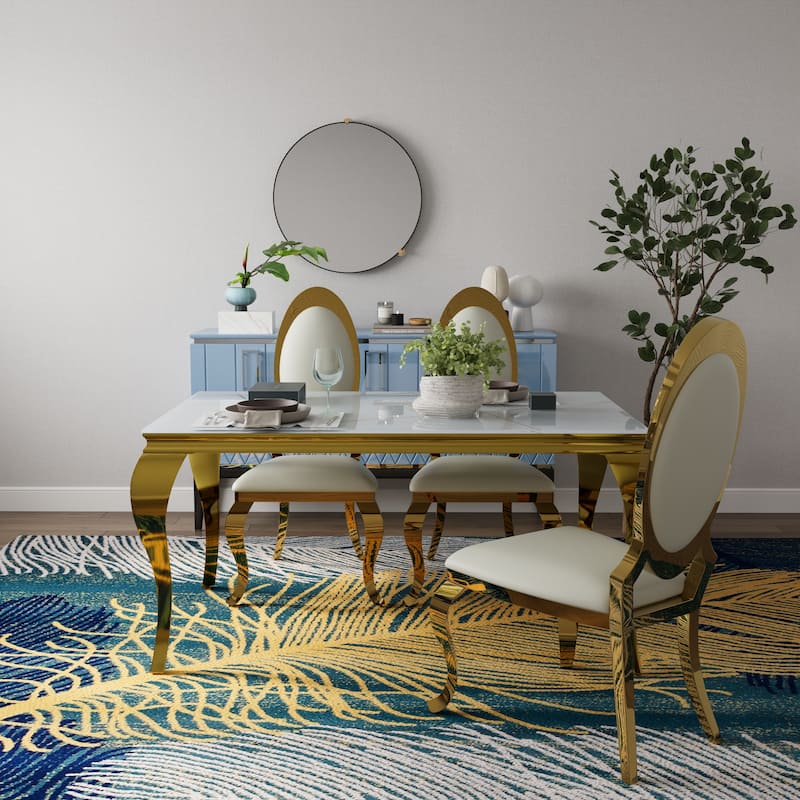 Luxury White Glass Dining Room Table Set with PU Leather Dining Chairs