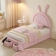 Princess Cartoon Upholstered Bed Frame w/ 2 Storage Stools, Velvet Platform Bed w/ Rabbit Ears Shaped Headboard - Pink Twin Size