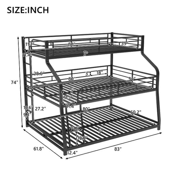 dimension image slide 1 of 2, Twin XL/Full XL/Queen Triple Bunk Bed with Long and Short Ladder and Full-Length Guardrails