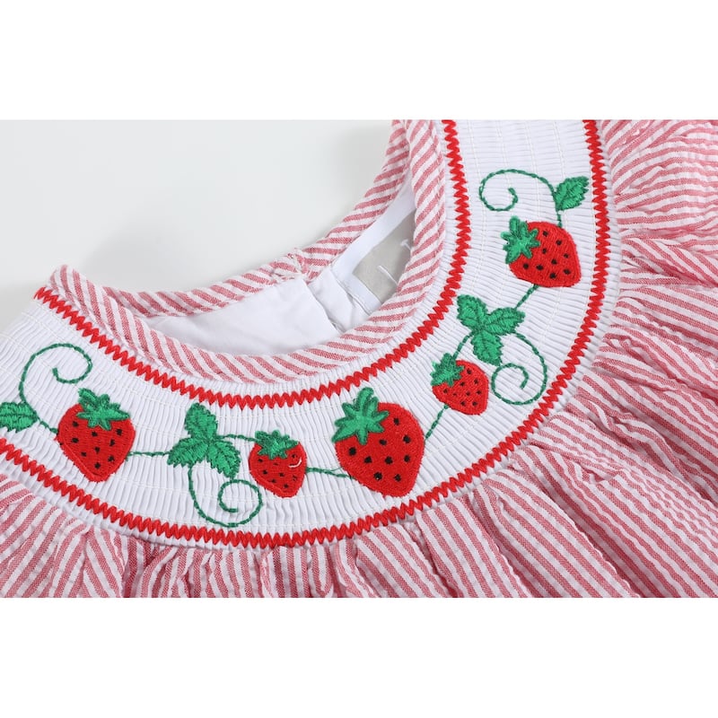 Lil Cactus Red Seersucker Strawberry Smocked Bishop Dress