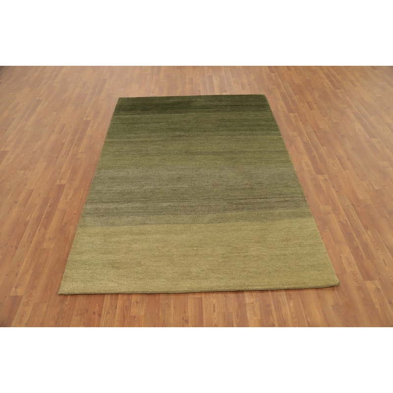 Hand Knotted Oriental 100% Wool Carpet Modern Stripe Green Gabbeh Area Rug - 8' 0'' X 5' 7''