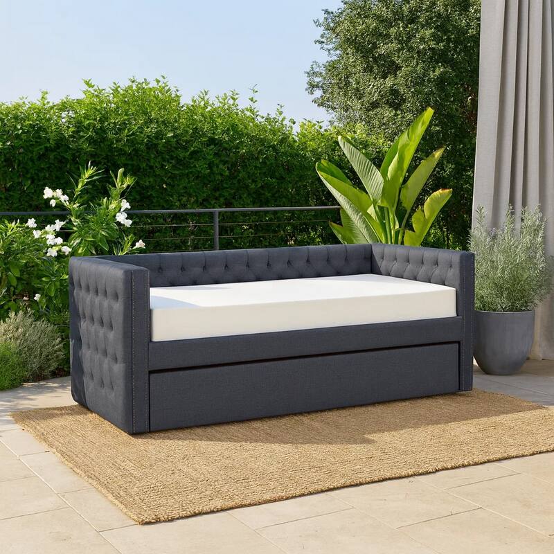 Trace Trundle Daybed, Gray Fabric Upholstery, Chesterfield, Nailhead Trim