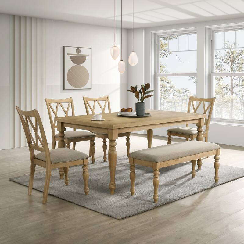 Roundhill Furniture Verta 6-Piece Dining Table with 4 Cross Back Dining Chairs and Bench, Light Oak Finish