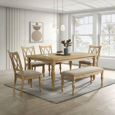 Roundhill Furniture Verta 6-Piece Dining Table with 4 Cross Back Dining Chairs and Bench, Light Oak Finish