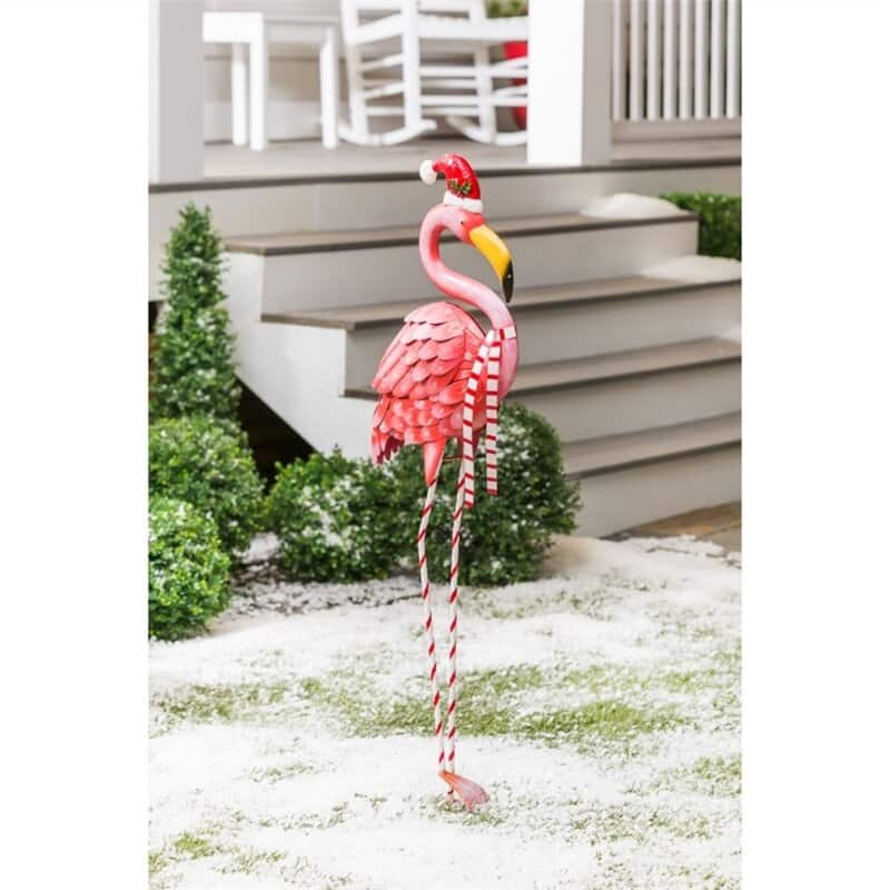 Winter Flamingo 39 in. Metal Planter w/Santa Hat - Regular