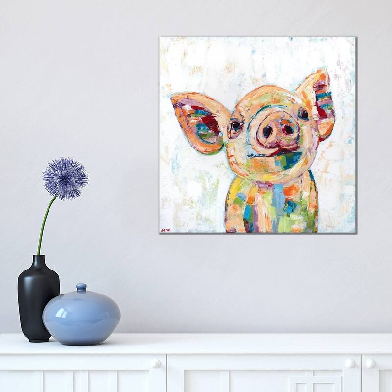 iCanvas "Happy Pig- White" by Jennifer Seeley Canvas Print - 18x18x1.5