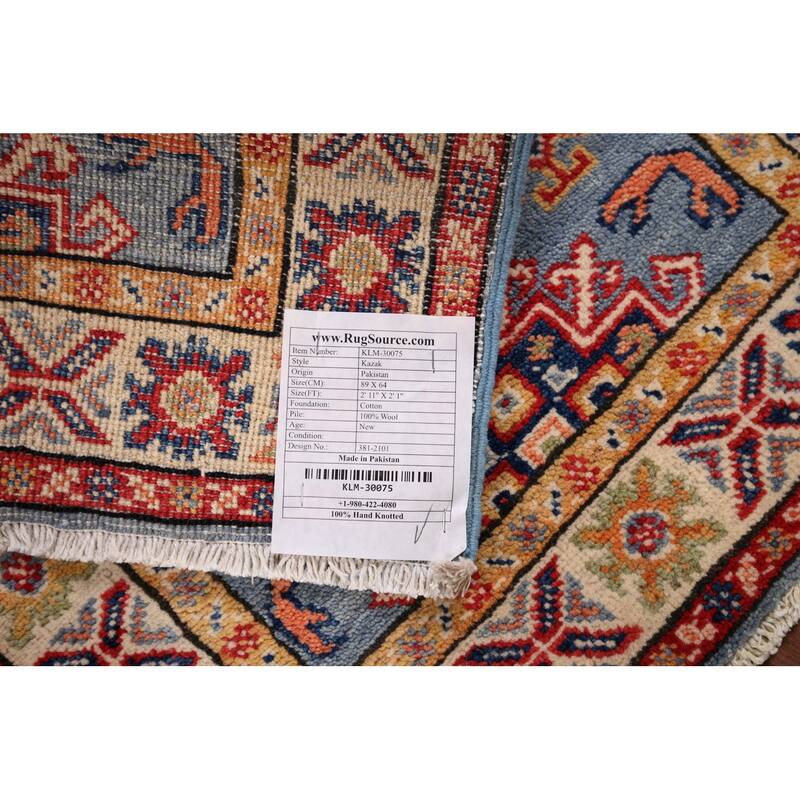Light Blue Kazak Oriental Foyer Rug Hand-Knotted Wool Carpet - 2'1" x 2'11"