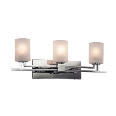 Justice Design Fusion Aero 3-light Polished Chrome Bath Bar, Frosted Crackle Cylinder w/ Flat Rim Shade - Polished Chrome