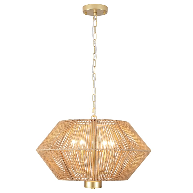 4-Light Bohemian Hand Woven Drum Chandelier Rattan Pendant - N/A