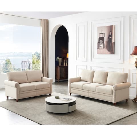 2-Piece Living Room Furniture Sets, Classic Living Room Sofa Set with Loveseat & 3-Seat Sofa, 2+3 Seat with Nails Decoration