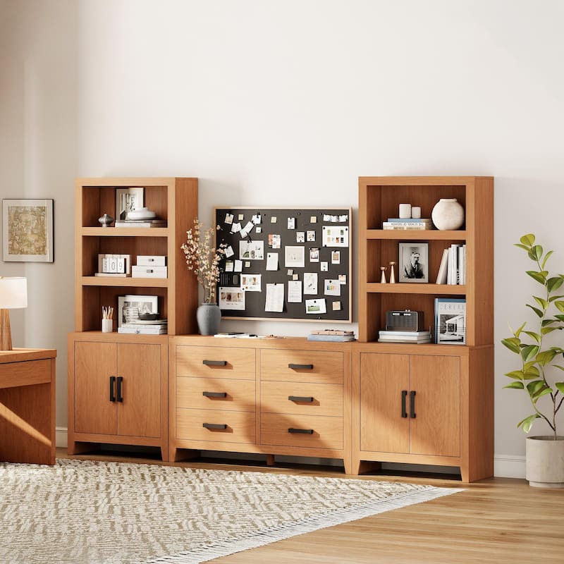 WAMPAT Farmhouse Entertainment Center with Bookshelves, Modular TV Stand with Storage Drawers