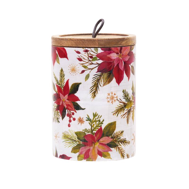 Poinsettia Xmas Mango Wood Canister Lg
