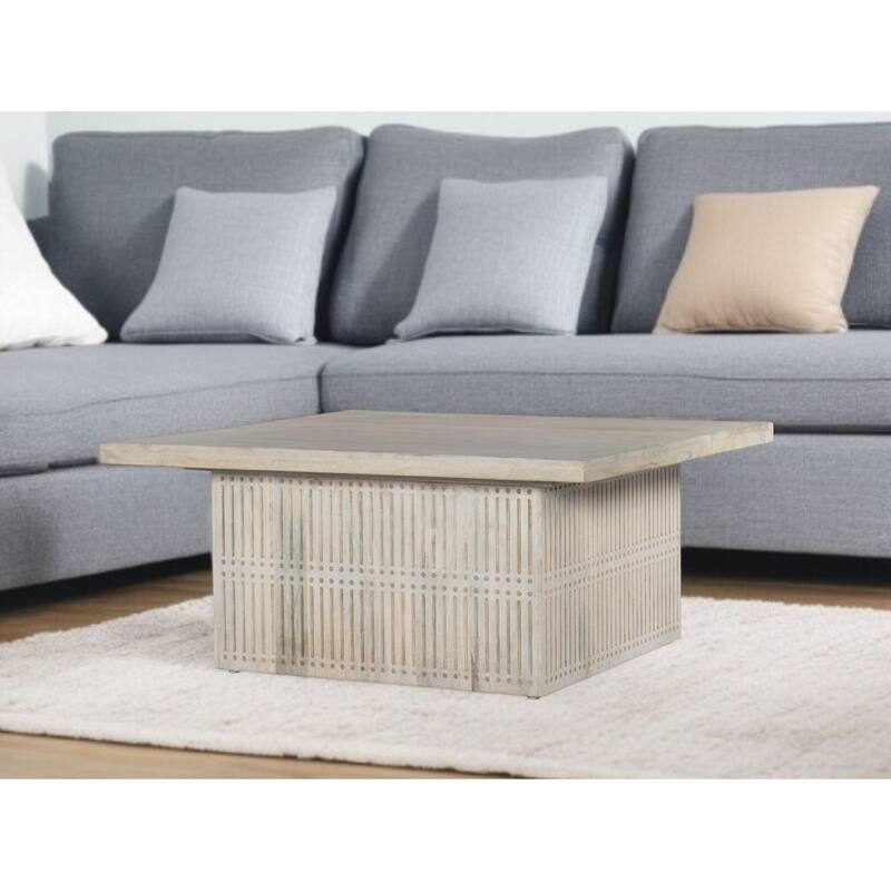 HomeRoots Rustic Graywash Carved Wood Storage Coffee Table - Wood