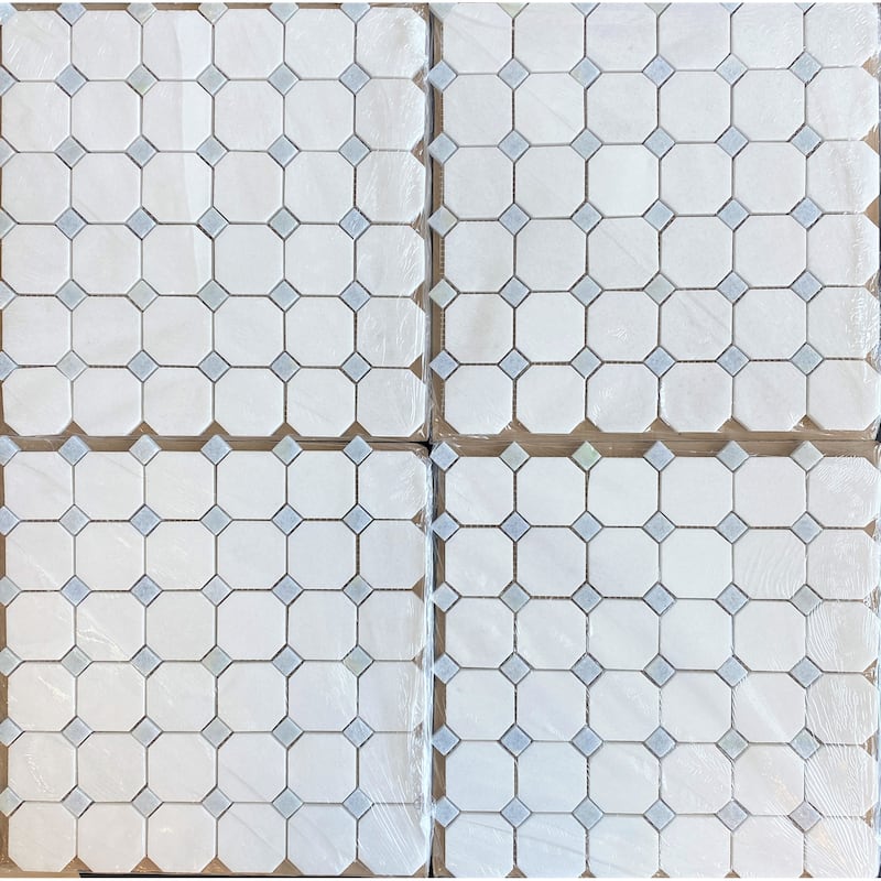 2" Hexagon with 5/8 Blue Dot Marble Mosaic Tiles - Case (10 Sheets)