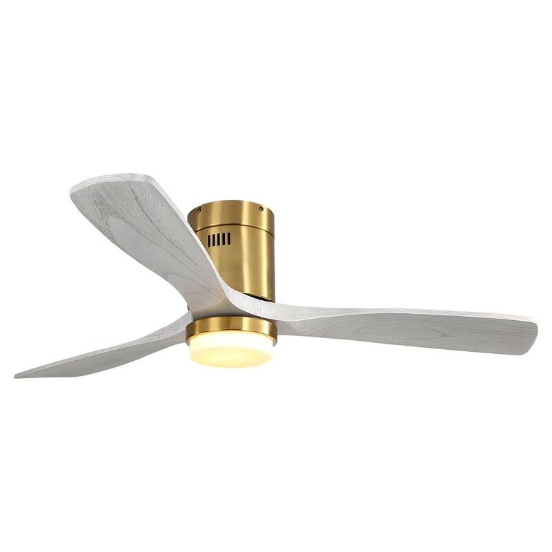52" Flush Mount Ceiling Fan with Light, Noiseless Reversible Motor Ceiling Fan for Indoor Outdoor, 3 Solid Wood Fan Blades