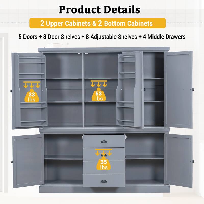 Roomfitters Kitchen Pantry Organizers and Storage Kitchen Cabinet, Hutch with Microwave Stand, 4 Drawers, Spice Racks