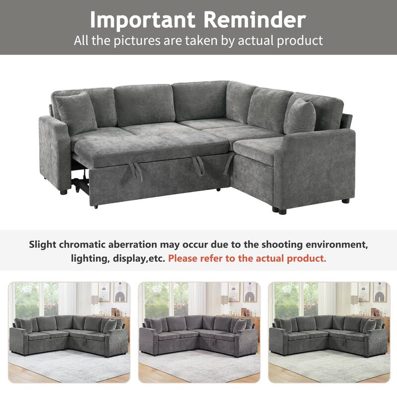 L-Shaped Sectional Sofa Bed, Chenille Upholstered Sleeper Sofa with Hidden Storage Compartment, 4 Seater Corner Sectional Sofa