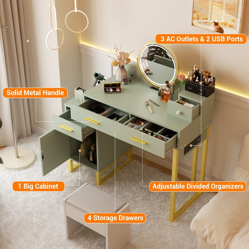 Reversible Makeup Vanity Desk With Charging Station and 4 Wooden Drawers and 1 Cabinet