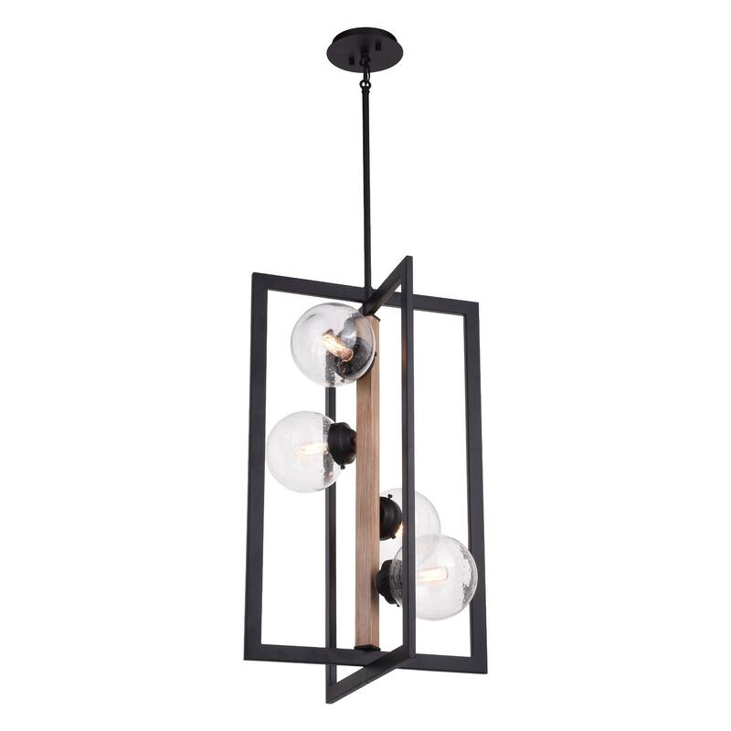 Bridgeview 16-in Oil Rubbed Bronze and Wood Industrial 4 Light Chandelier, Hanging Ceiling Pendant - 16-in W x 34-in H x 16-in D