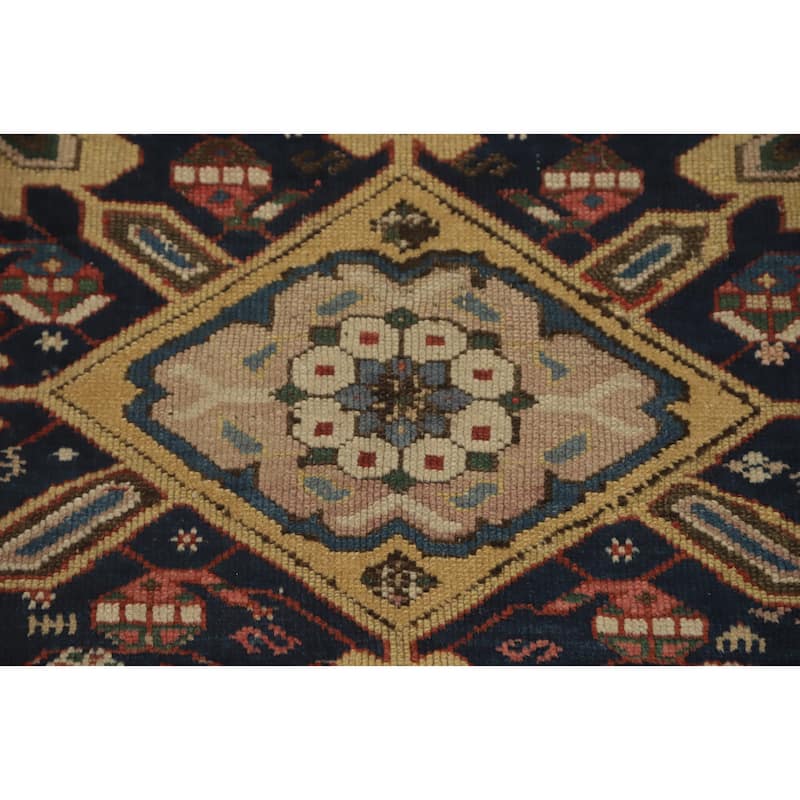 Hand Knotted Oriental 100% Wool Carpet Traditional Geometric Navy Blue & Blues Kazak Area Rug - 10' 9'' X 4' 10''