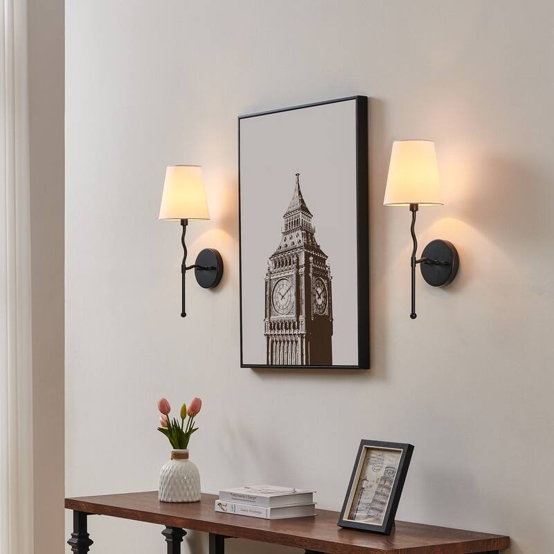 KAWOTI 17.5" Painted Black Wall Sconce with White Fabric Shade - W6" x H17.5"（Set of 2）