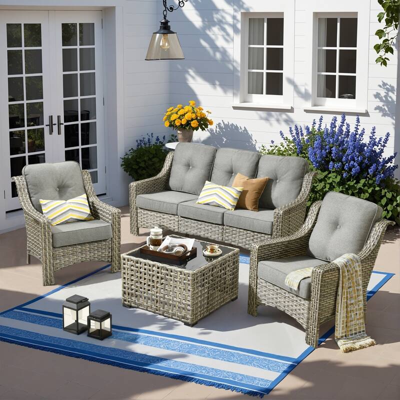 HOOOOWOOO 5-piece Wicker Rattan Patio Outdoor Furniture Ergonomic Conversation Set with Coffee Table - Dark Grey