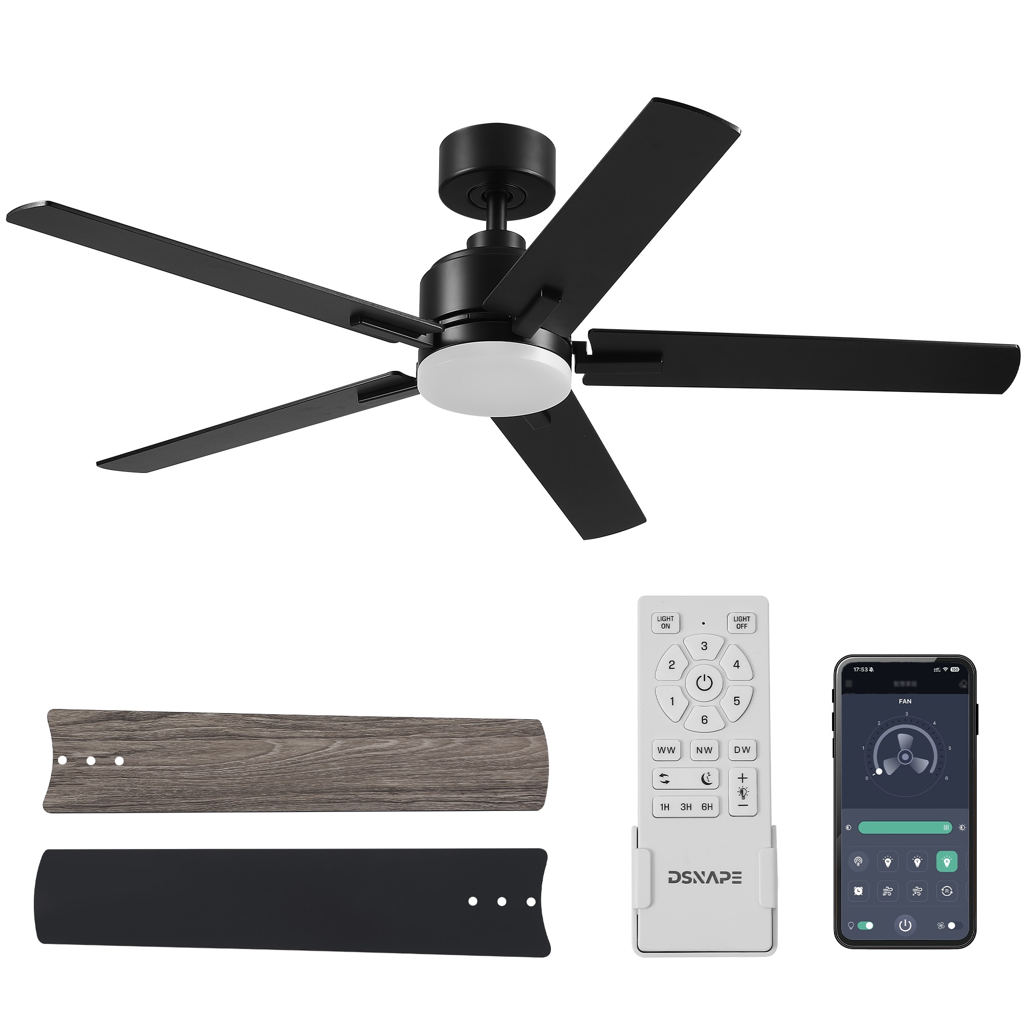 EROMMY 52inch Modern Black Ceiling Fan with Light & Remote, Reversible DC Motor, Dimmable LED, 6-Speed Quiet Flush Mount Fan