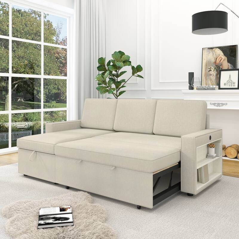 85.8" Pull Out Sleeper Sofa With USB Port And T-pyce Port - Beige