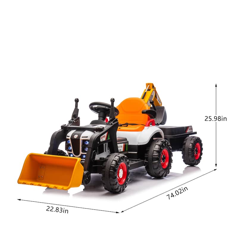 24V Kids Ride-On Tractor with 4-in-1 Construction Attachments, Parent Remote, 3-Speed, LED Lights, Music
