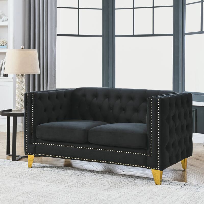 Modern 2-Seat Velvet Sofa with Nailhead Trim, Button Tufting, and Metal Legs