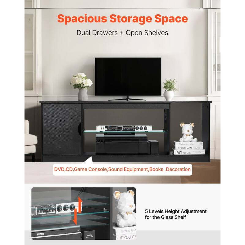 Black P2 Particleboard TV Stand with 5 Adjustable Shelves and Multi-Mode LED Lights - 58.27 x 13.78 x 20.67 inch