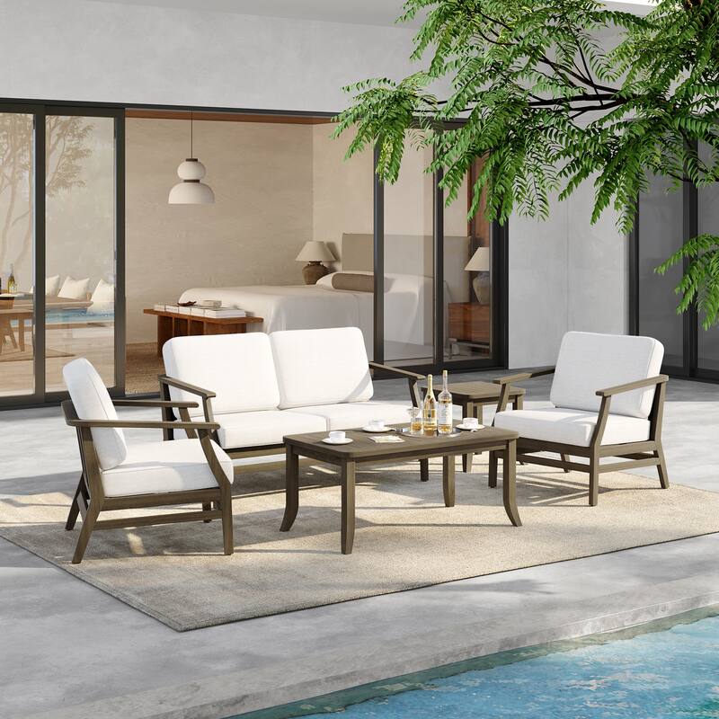 5-Piece Outdoor Teak Wood Patio Conversation Set with Cushions