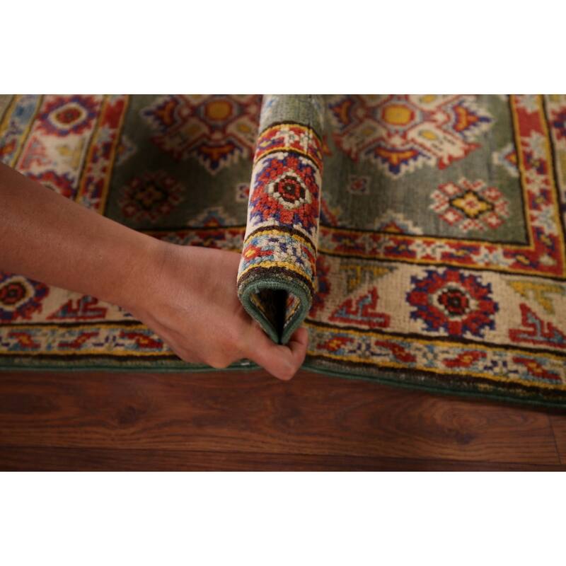 Geometric Kazak Foyer Rug Hand-Knotted Green Wool Carpet - 2'0" x 2'10"
