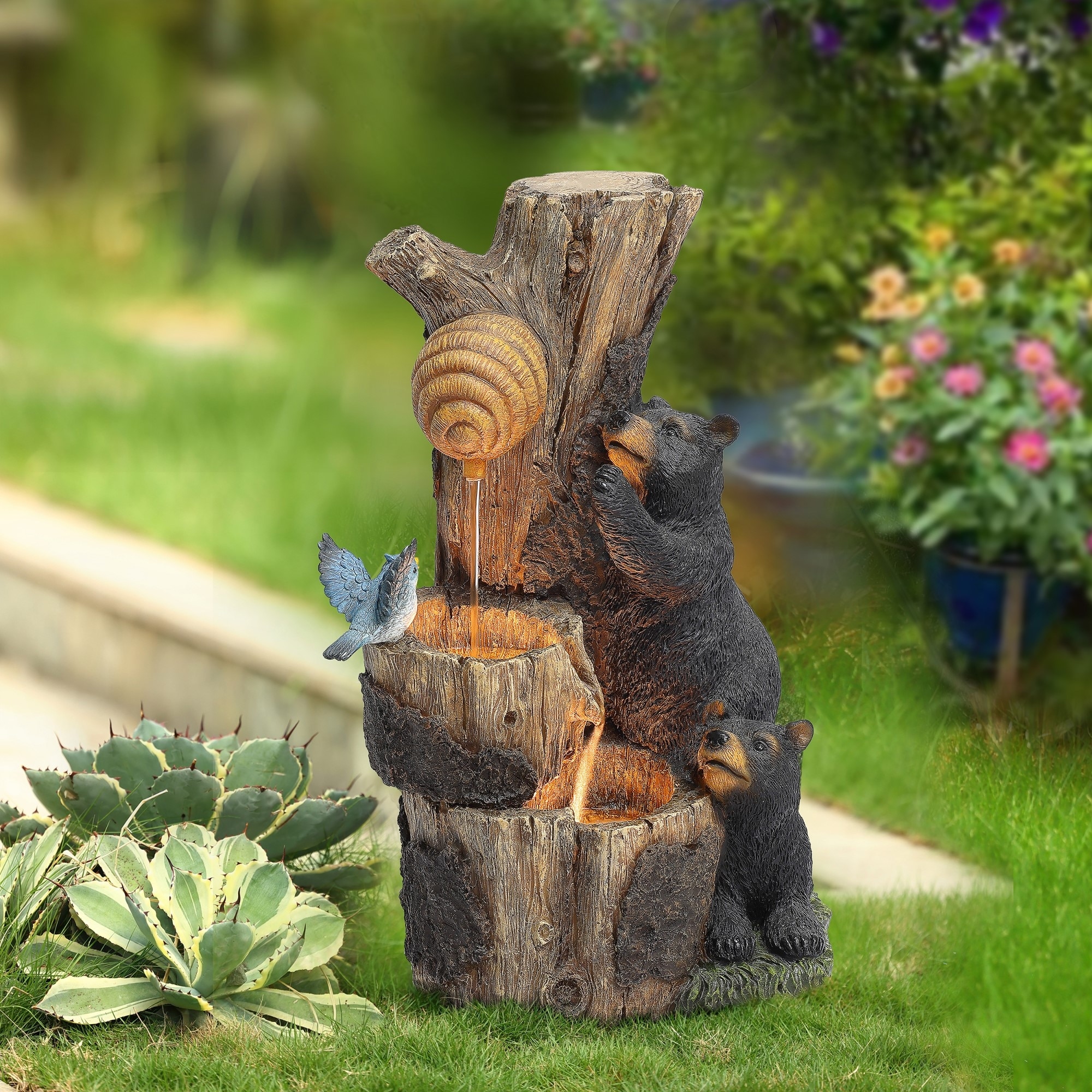 LuxenHome 22 H Water Fountain Outdoor Bear And Honey Beehive Tree Resin Outdoor Patio Garden Fountain With Lights Farmhouse Garden Water Fountains