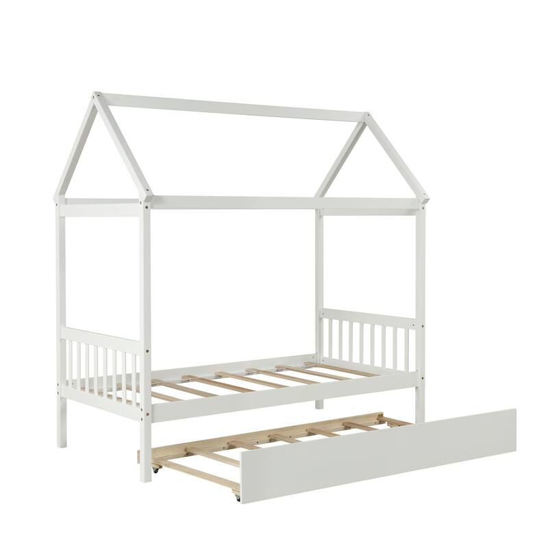 Solid Wood Twin House Bed Frame with Trundle, No Box Spring Needed, White Finish