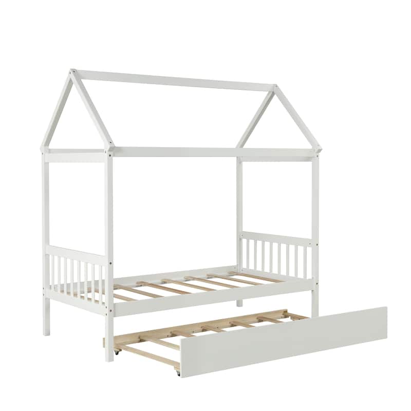 Twin Size Solid Wood House Bed Frame with Trundle and Roof for Kids, Boys and Girls