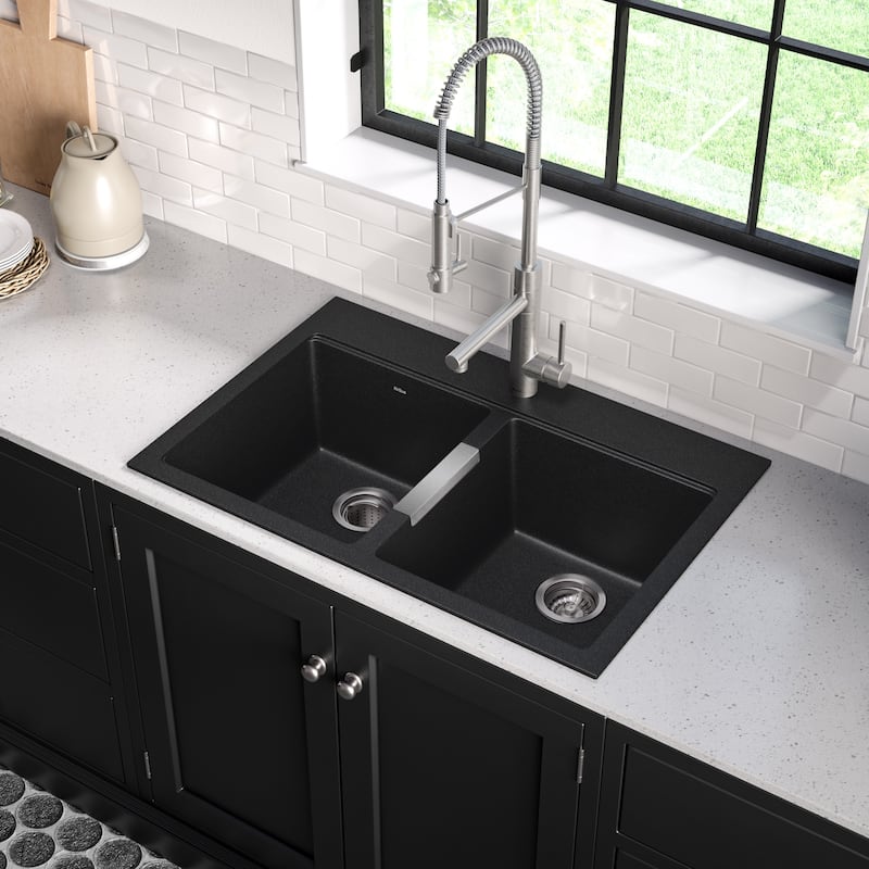 KRAUS Granite 33 inch 2-Bowl Undermount Drop-in Kitchen Sink