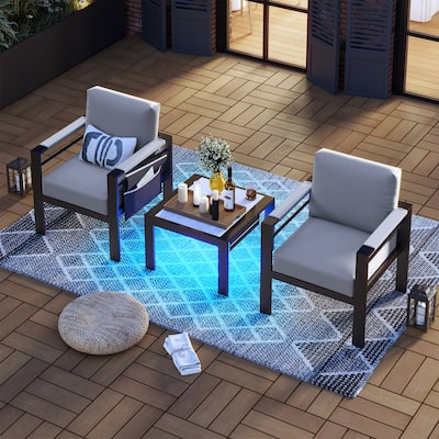 Outdoor 3-Piece Aluminum Patio Chat Set with Cushions LED Side Table and Movable Side Pocket for 2 Person