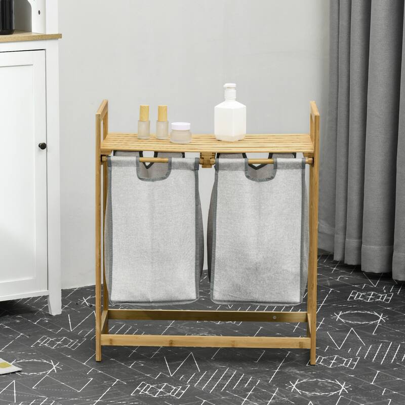 Homcom Double Laundry Hamper 2 Section Bamboo Laundry Basket With Storage Shelf 2 Pull-Out And Removable Bags