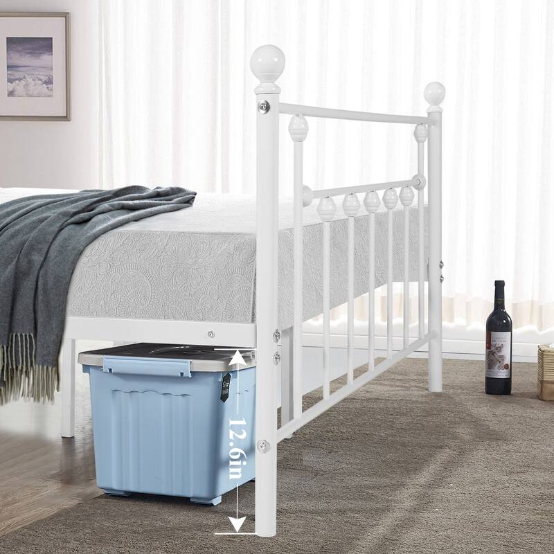 White White Victorian Metal Bed Frame Full Size Heavy Duty Platform Bed Frame with Headboard & Footboard No Box Spring Needed
