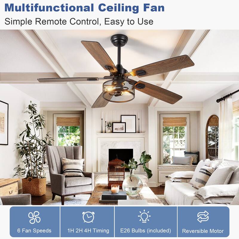 42-52Inch Caged Ceiling Fans with Lights: Dual Finish 5 Blades - Rustic with Remote Control (E26 Bulb Included)