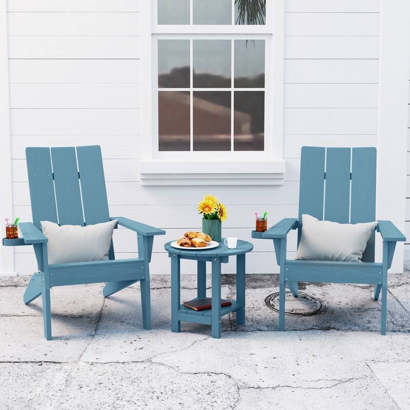 WINSOON 3-Piece All Weather HIPS Outdoor Cup Holder Adirondack Chairs and Table Set - Baby Blue