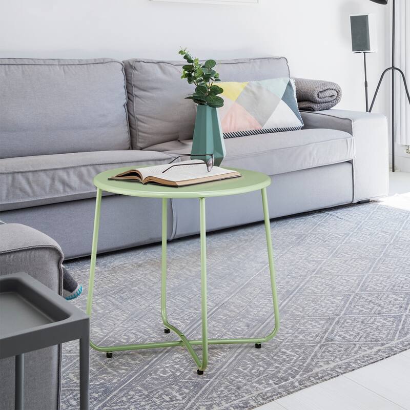 Green Metal Side Table with X-Frame, Adjustable Feet for Indoors/Outdoors - 20.1 x 20.1 x 18.3 in