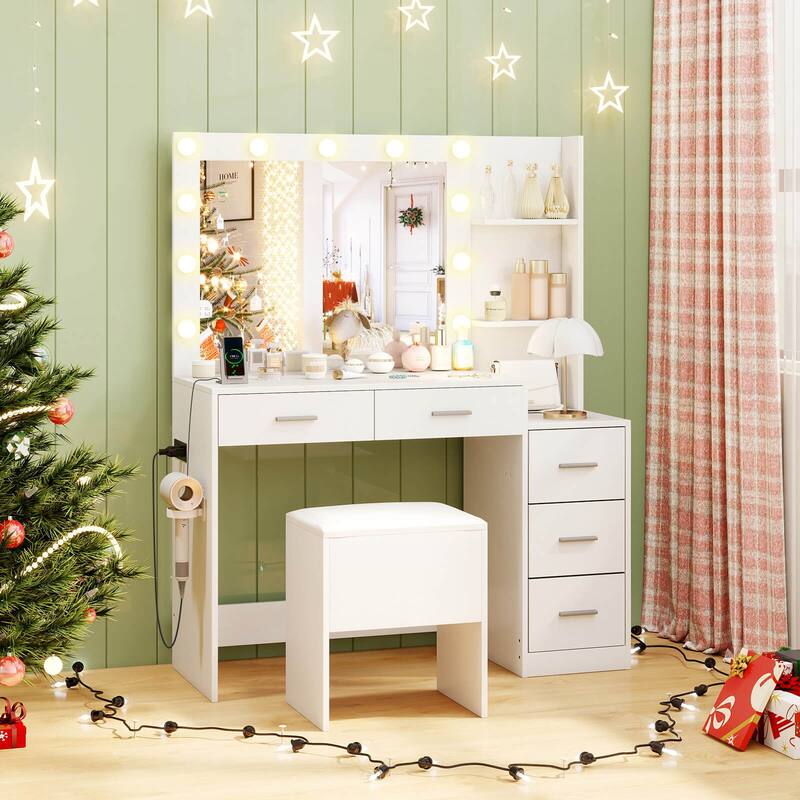Costway 43.5" Makeup Table Set Vanity Desk with Storage Stool Power - See Details