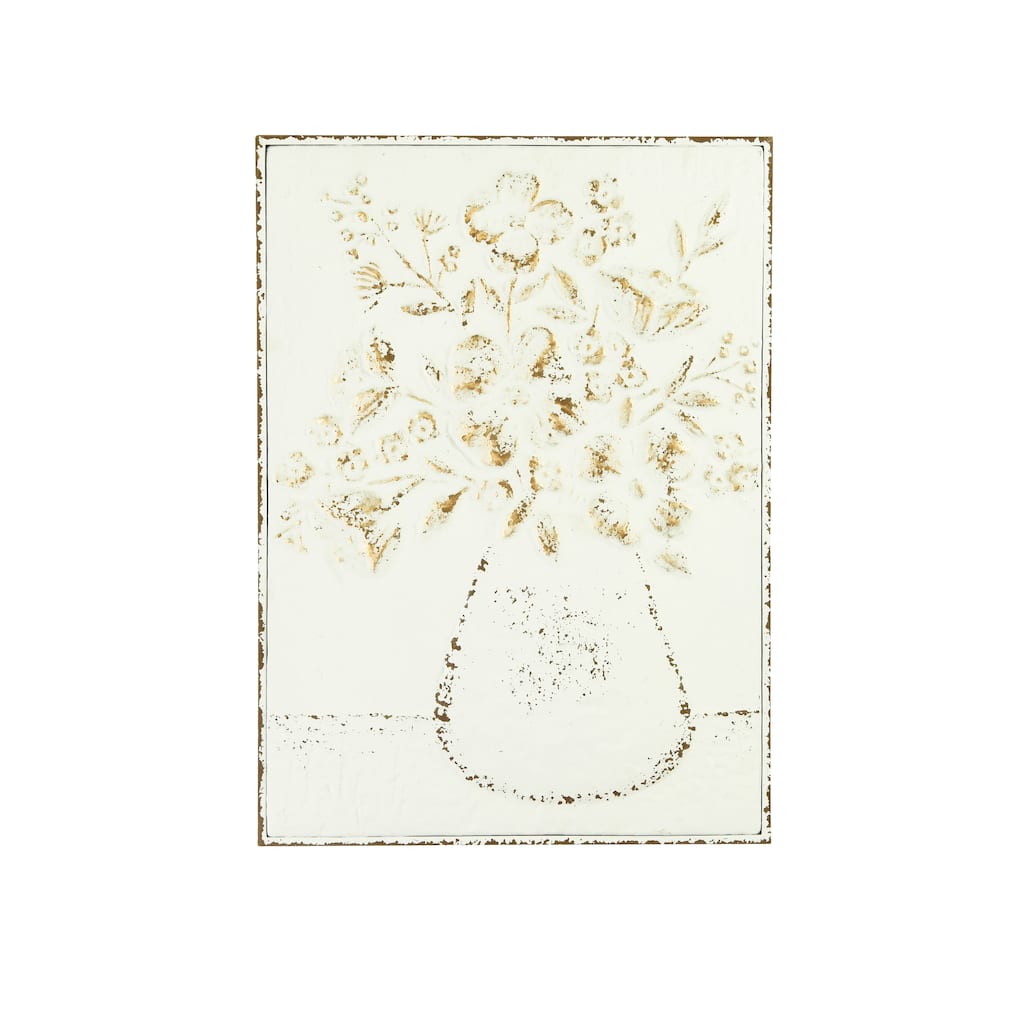 24"H Embossed Flowers in Vase Distressed Metal Wall Decor - Distressed White